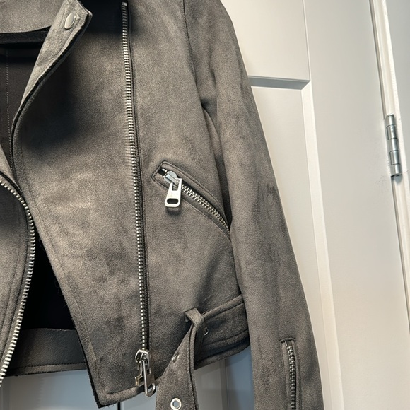 Zara Basic Outerwear Ladies Medium Grey Faux Suede Moto Biker Belted - Picture 4 of 6